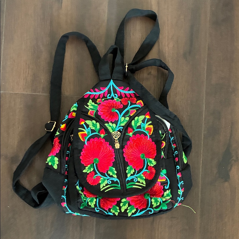 Floral Embroidered Black Backpack
